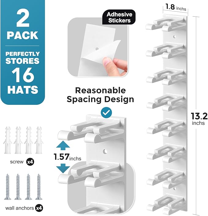 Hat Organizer for Baseball Caps Wall, 2 Pack Hat Holder for Closet Door Hold up to 16 Hats,Hat Hook with Adhesive and 8 Screw