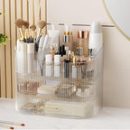 Makeup Organizer with Stackable Drawer, 360 Rotating Makeup Brush Holder, 11-inch Large Cosmetic Display Case, Skincare Organ