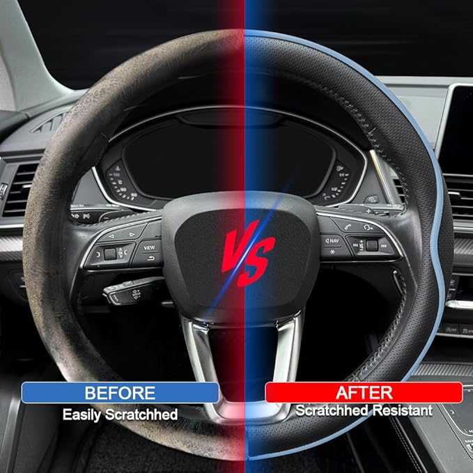 HAOTULE Leather Steering Wheel Cover， with Anti-Slip Stripe Design - Enhanced Grip, Fashion Style, Safe, Non-Slip, Breathable