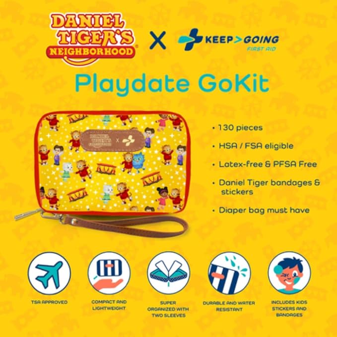 KeepGoing Daniel Tiger’s Travel First Aid Kit for Kids – 130 Pc. for Car, Home, Purse, Diaper Bag & Backpack with Latex-Free 