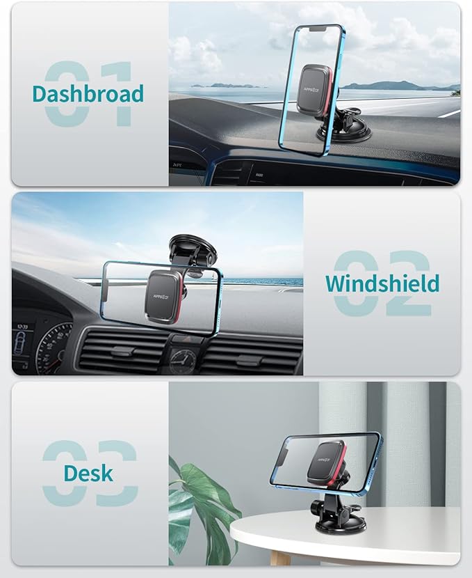 APPS2Car Magnetic Car Phone Mount with Adjustable Arm & 6 Strong Magnets Universal Dashboard Windshield Cell Phone Holder Compatible with All Smartphones
