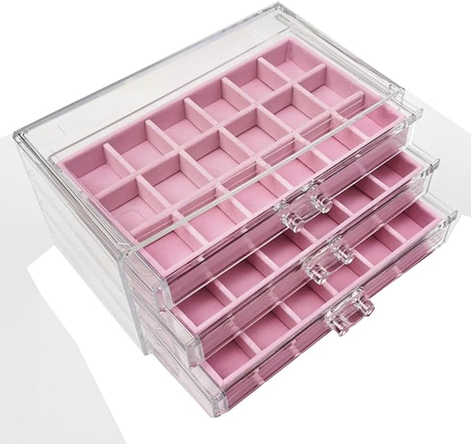 YUFONG Earring Organizer Box Acrylic Jewelry Organizer with 3 Drawers 54 Adjustable Grids Clear Stackable Earring Holder Velv