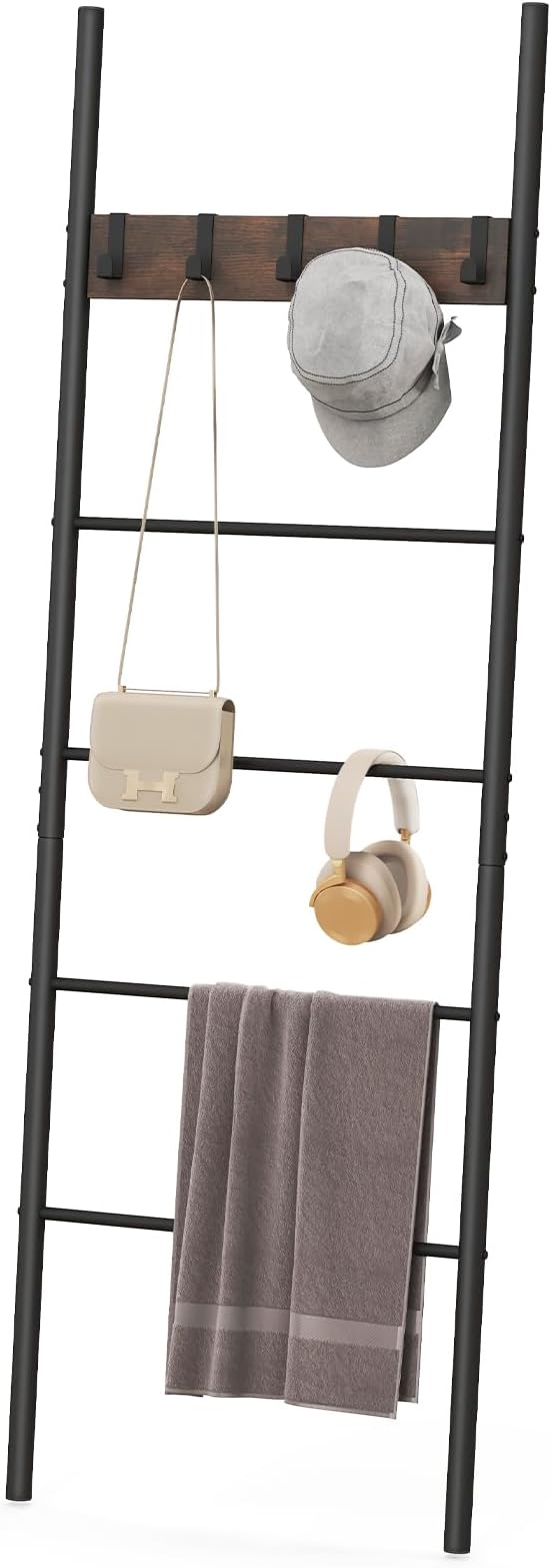 S AFSTAR Wall Leaning Blanket Ladder, 5-Tier Ladder Shelf with 5 Removable Hooks, Industrial Blanket Holder Rack, Drying and 