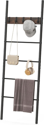 S AFSTAR Wall Leaning Blanket Ladder, 5-Tier Ladder Shelf with 5 Removable Hooks, Industrial Blanket Holder Rack, Drying and 