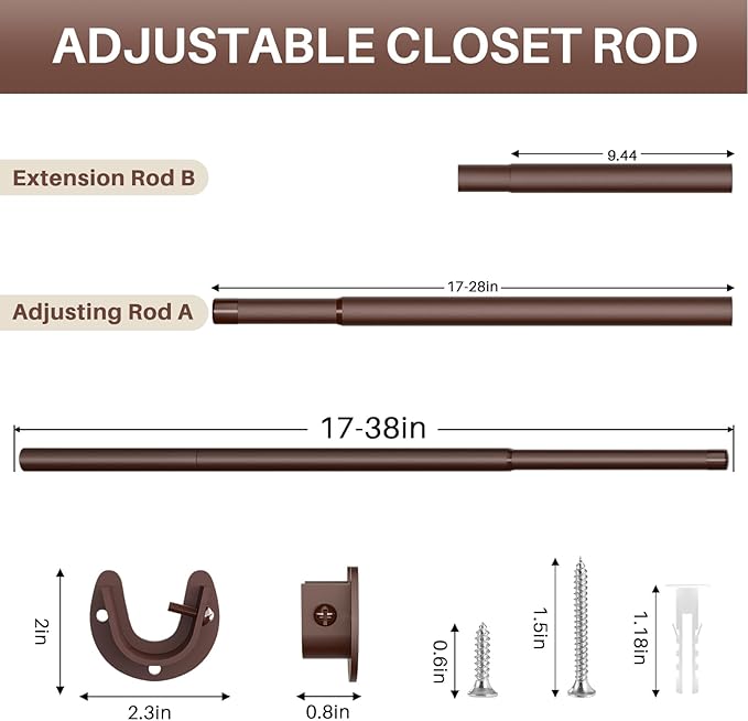 Closet Rod - Closet Rods for Hanging Clothes, 17 to 38 inch Adjustable Closet Hanging Rod, Heavy Duty Clothes Rod Clothing Ba
