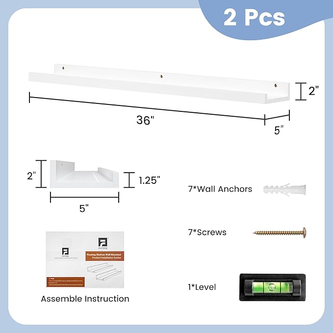 Picture Ledge Shelf for Wall, 36 inch Solid Pine Wood Nursery Book Shelves 2 Packs, Floating Ledge Shelves for Kids' Room Bed
