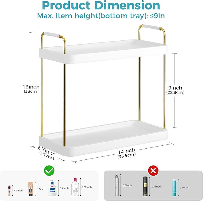 Vtopmart 2-Tier Bathroom Countertop Organizer, Vanity Dresser Counter Tray Shelf for Skincare, Perfume, Makeup, Gold