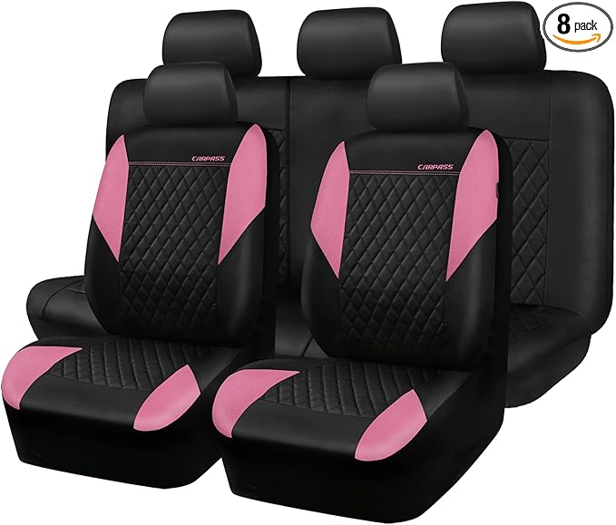 CAR PASS Pink Leather Seat Covers,Girly Quilting Pretty Cute Car Seat Cover with 5mm Composite Sponge Inside,Airbag Compatibl