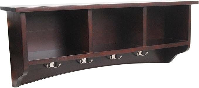 Shaker Cottage Wall-Mounted Coat Rack with 3 Storage Cubbies and 4 Hooks – Space-Saving Storage Rack and Wall Shelf Organizer