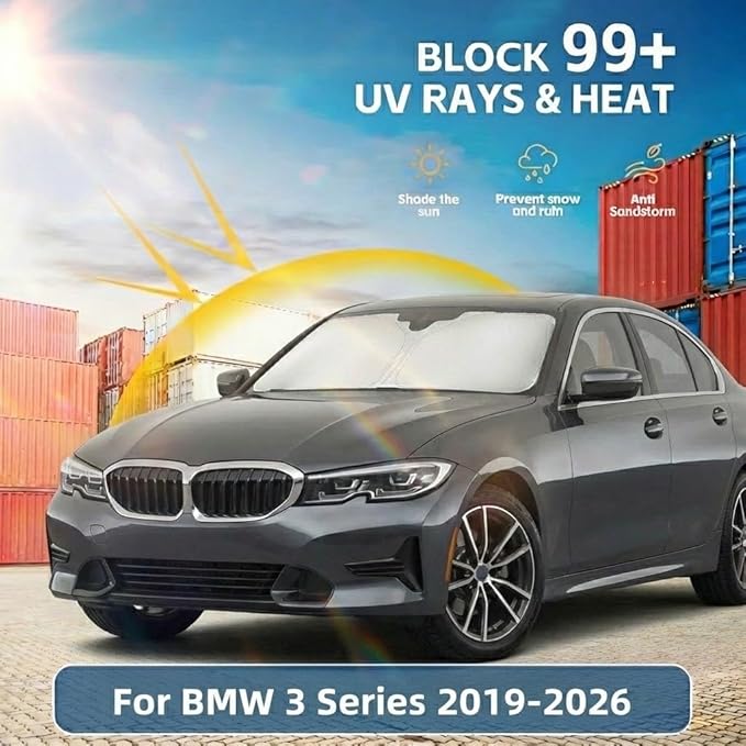 for BMW 3 Series 2019-2024 2025 2026 Windshield Sun Shade - Custom Fit 3 Series Accessories 330i 330E M340i 328i 335i 320i 330i 325i Sun Visor Front Foldable Shade Blocks UV Rays Accessories