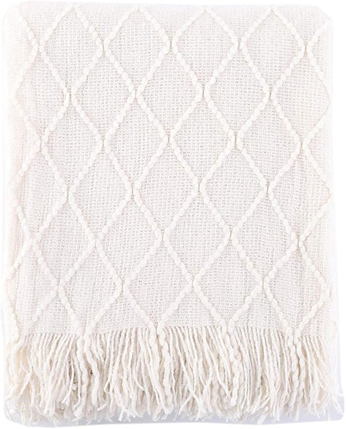 BATTILO HOME Large Cream Throw Blanket with Fringe, End of Bed Throw Blankets White,Spring Throw Blanket for Couch Sofa Indoo