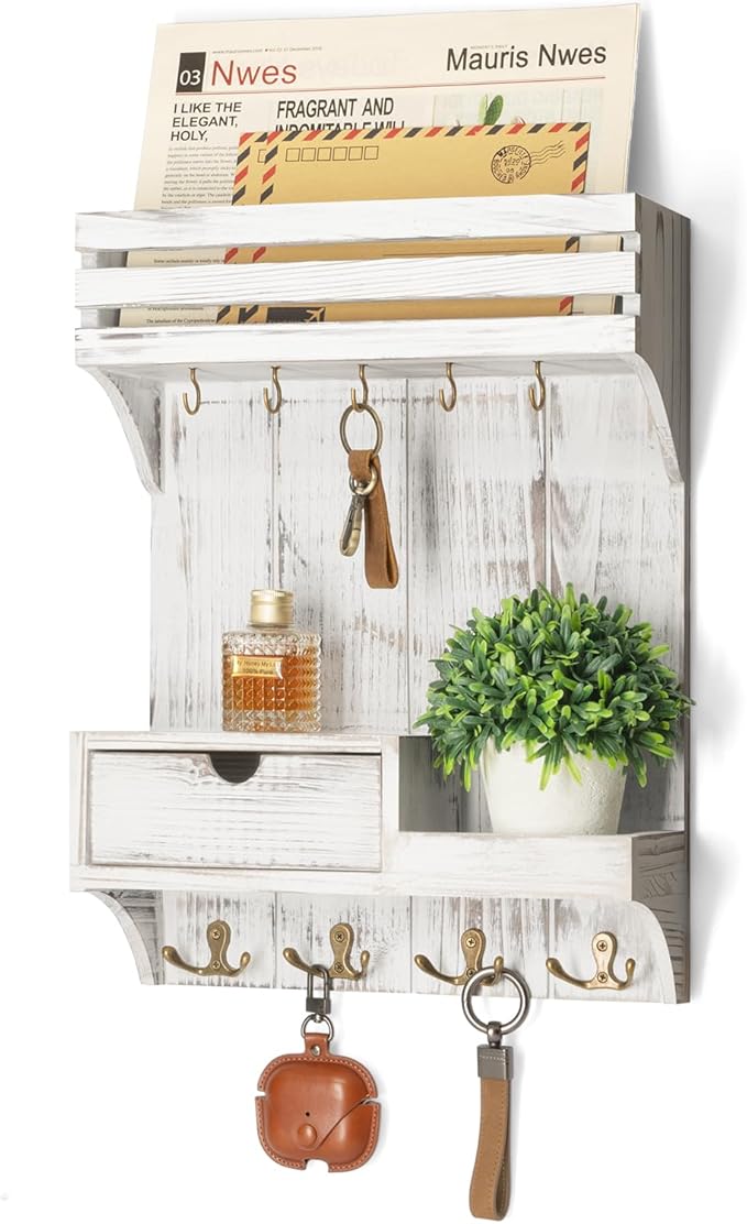 Rebee Vision Farmhouse Key Holder Wall Mount with Mini Drawer Organizer - Decorative Mail Organizer with 9 Key Hooks & Shelf 