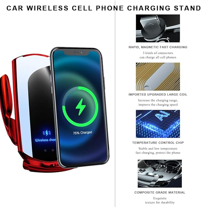 Wireless Car Charger, 15W Fast Charging Air Vent Mount Auto-Clamping Phone Holder, Automotive Electric Induction Charger 360° Rotating Magnetic Vent Mount Bracket for Smartphones (Red)