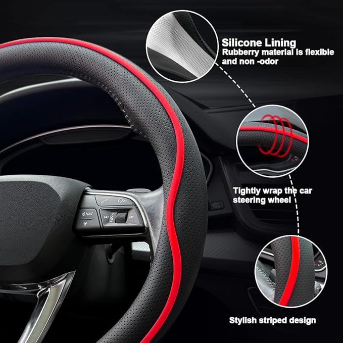 HAOTULE Leather Steering Wheel Cover， with Anti-Slip Stripe Design - Enhanced Grip, Fashion Style, Safe, Non-Slip, Breathable