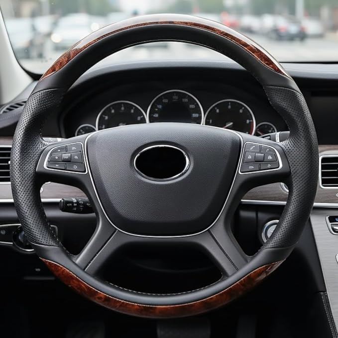 Wood Grain Steering Wheel Cover Microfiber Leather Breathable Anti Slip Universal Protector 14.5-15 inch Car Interior Accesso