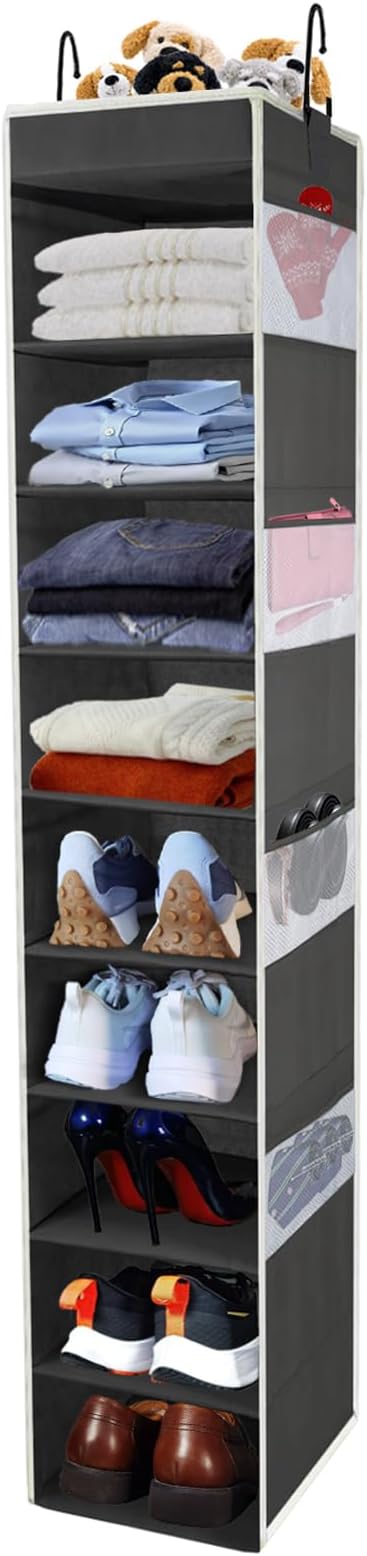 Large-Sized Hanging Shoe Organizer 10-Shelf, Sturdy Hanging Closet Organizer with 8 Side Pockets, Wider Hanging Shelves for S