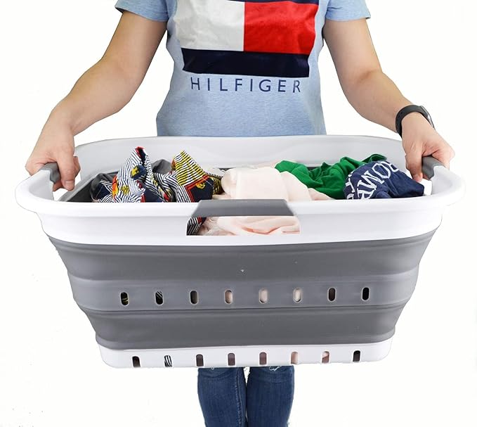 SAMMART 42L (11 gallon) Collapsible Plastic Laundry Basket - Foldable Pop Up Storage Container/Organizer - Space Saving Hampe