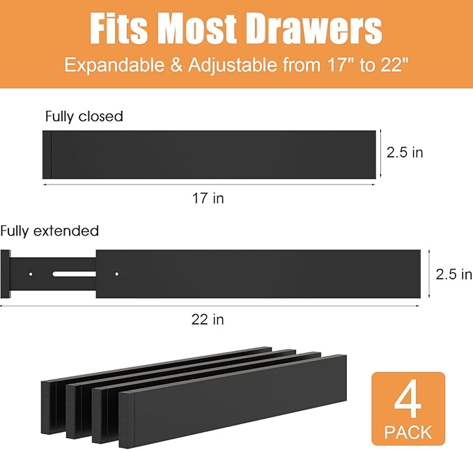 Bamboo Drawer Dividers,17-22" Adjustable Kitchen Drawer Organizer for Clothes,4 Pack Expandable Drawer Organization Separator