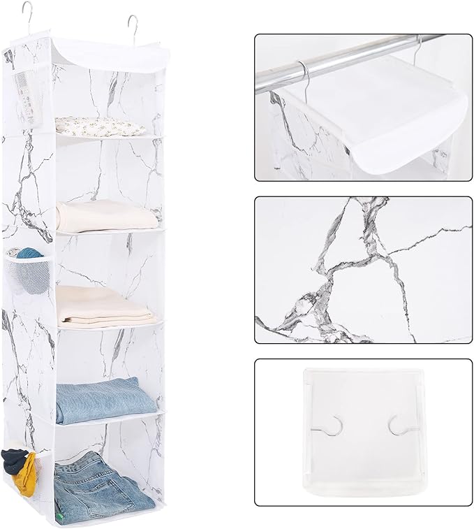 BrilliantJo 5 Shelves Hanging Closet Organizer, 2 Pack Hanging Storage with 6 Side Pockets for Clothes Shoes, 43"x12"x12"(Mar