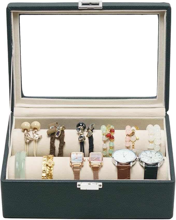 Bracelets Organizer Rods Bangles Display Holder, Clear See through Lid Leather Velvet Jewelry Storage Box Case for Women, 2 R