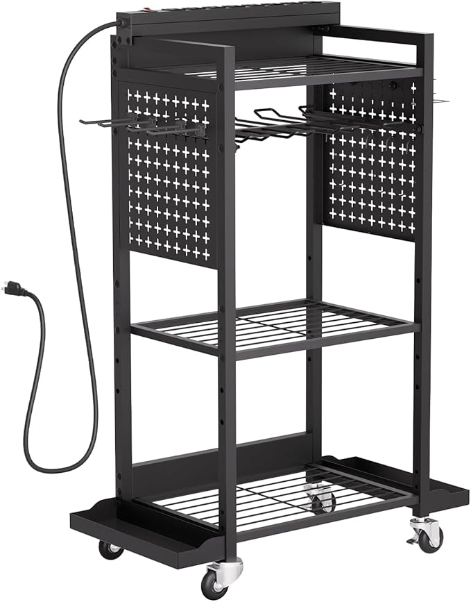 VEVOR 4-Tier Tool Organizer Cart with Charging Station, 8 AC Outlet, Floor Stand Rolling Drill Holder and Tool Battery Storag
