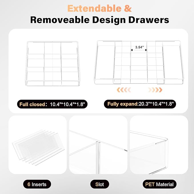 Acrylic Expandable Desk Drawer Organizer with 11 Adjustable Compartments and 6 Removable Dividers Desk Accessories for Office