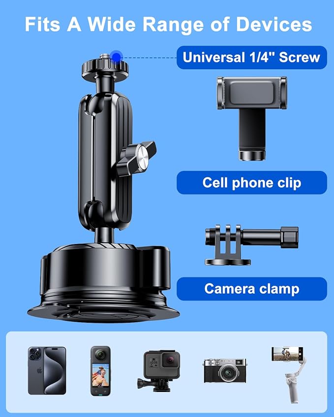 Suction Cup Mount for GoPro Camera Phone Holder, Rotatable Anti-Shake Suction Cup Camera Mount for Car, Windshield Suction Cup Mount for GoPro Hero 12/11/10/9 Insta360 X3 DJI Action