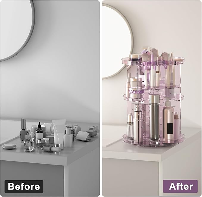 Rotating Makeup Organizer for Vanity, DIY Adjustable Tray Spinning Skincare Organizers Countertop, Cosmetic Display Case with