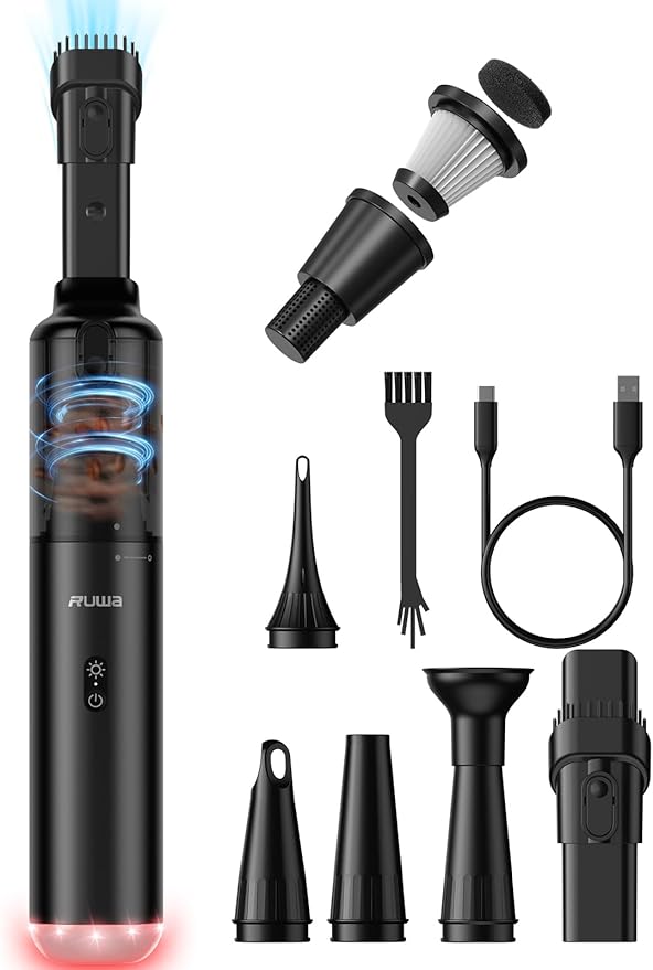 ruwa Car Vacuum Cleaner Handheld Vacuum Cordless, Rechargeable 14,000PA High-Power with 2 Speeds, 300ml Dust Cup, Lightweight