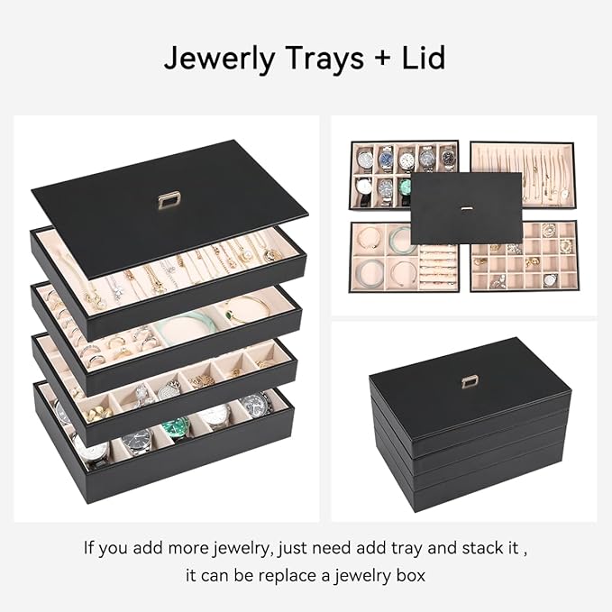 Voova Stackable Jewelry Organizer Tray with Lid, PU Leather Jewelry Storage Holder for Drawer Inserts, Jewellery Display Box 