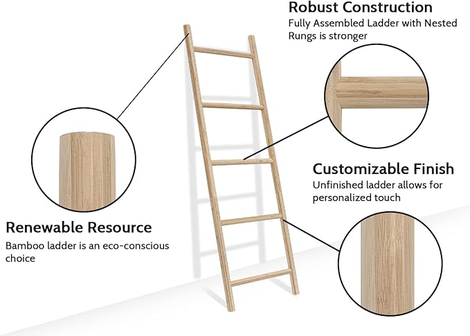 FUIN Fully Assembled 57in Bamboo Blanket Ladders Living Room Wood Decorative Wall Leaning Farmhouse Quilt Display Holder Rust