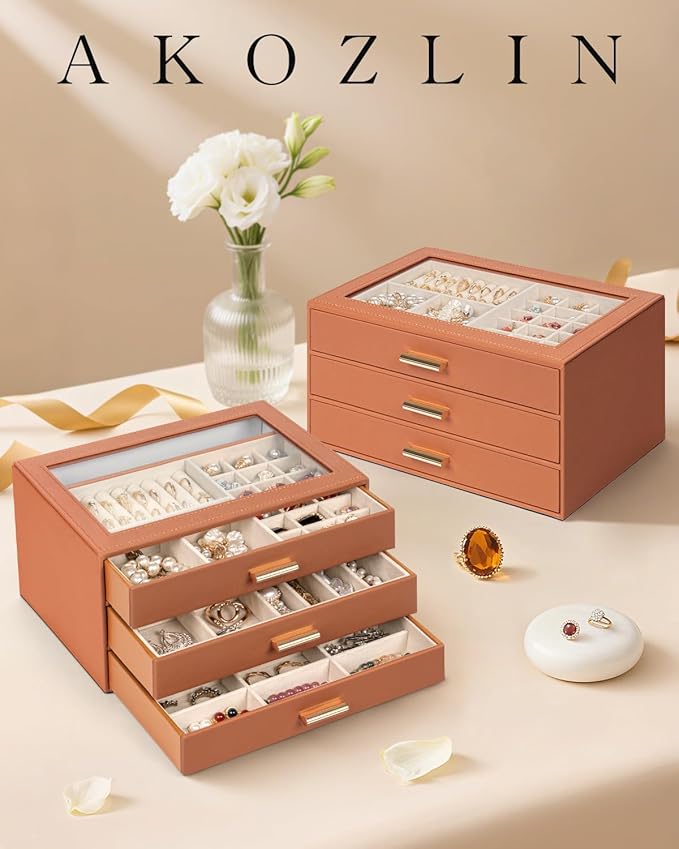AKOZLIN Jewelry Box with Clear Lid Functional Leather Jewelry Storage Organizer Case 3 Drawers for Women Girls Necklace Ring 