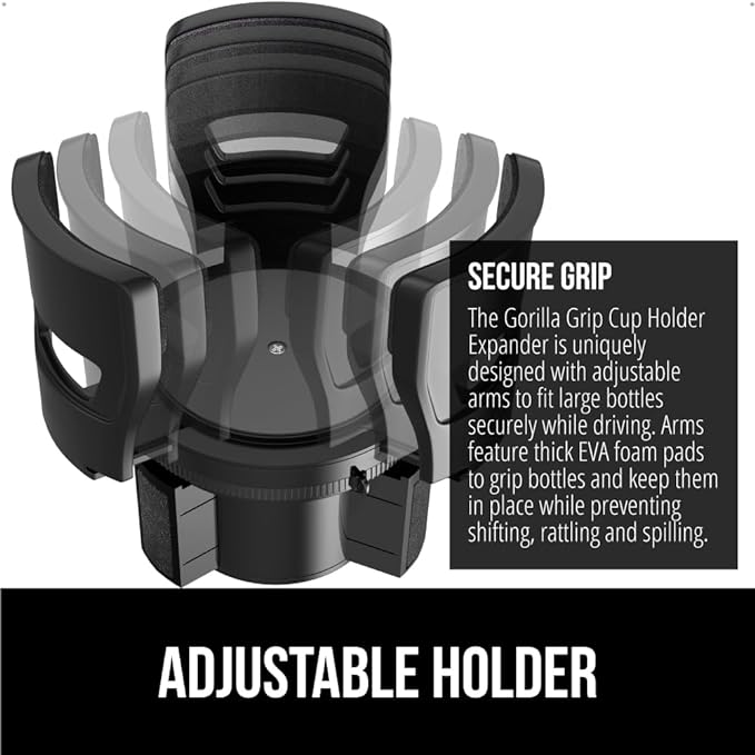GORILLA GRIP Patent Pending Adjustable Car Cup Holder Expander, 2 PK, Keeps Water Bottle Secure, Expands to Fit 18 to 48 oz B