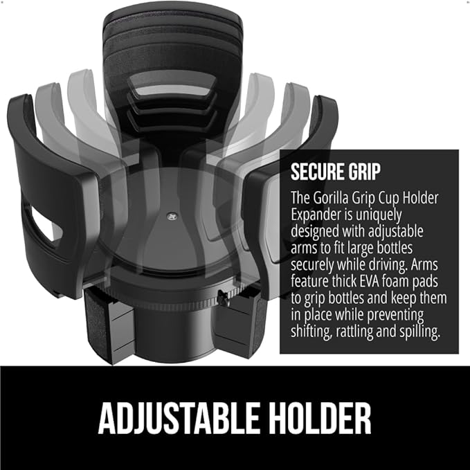 GORILLA GRIP Patent Pending Adjustable Car Cup Holder Expander, Keeps Water Bottle Secure, Expands to Fit 18 to 48 oz Large B