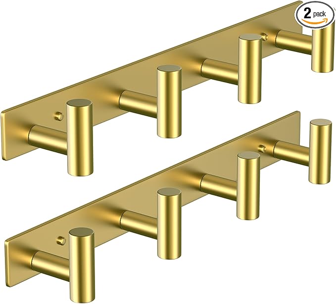 VAEHOLD Hat and Coat Wall Mount Rack - Hooks for Robes, Bags, Keys, and Towels - Bathroom Towel Hanger Organizer (Gold, “T“ S