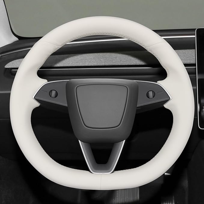 MEWANT Hand Stitched White Leather Steering Wheel Cover for Tesla Model 3 Highland 2023 2024 2025