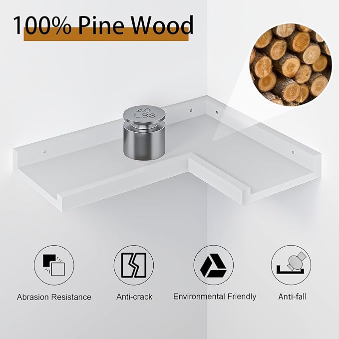 4-Tier White Corner Floating Shelves Wall Mounted - Floating Shelves with Lip, Solid Pine Wooden Corner Wall Shelf for Wall D