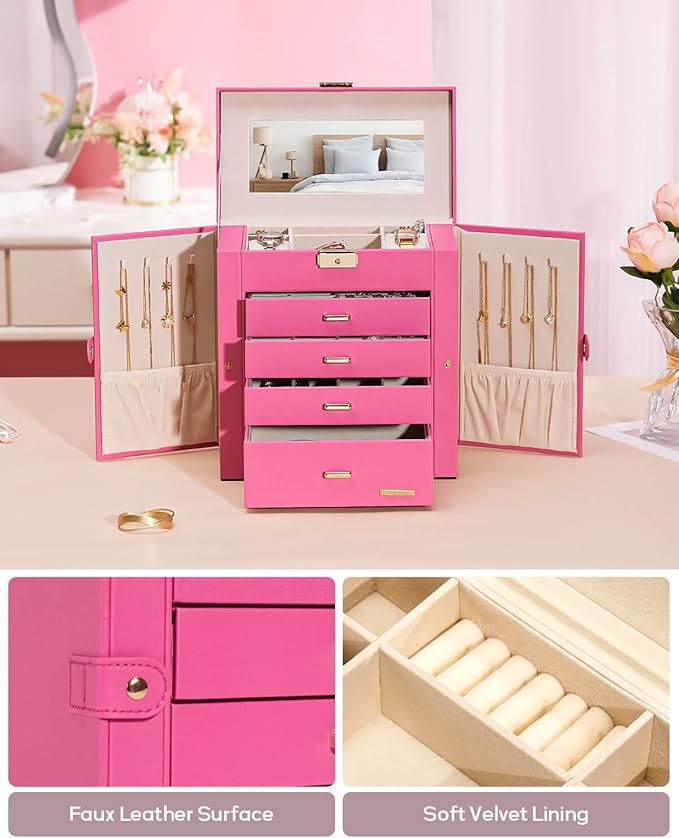 Homde Synthetic Leather Huge Jewelry Box Mirrored Watch Organizer Necklace Ring Earring Storage Lockable Gift Case (Pink + Go