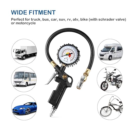 CZC AUTO Tire Inflator Deflator Air Pressure Gauge with Rubber Hose, 2-1/2" Dial Wheel Inflator Gage with Straight Brass Lock-on Chuck Compatible with Air Pump Compressor for RV Car Motorcycle Bike