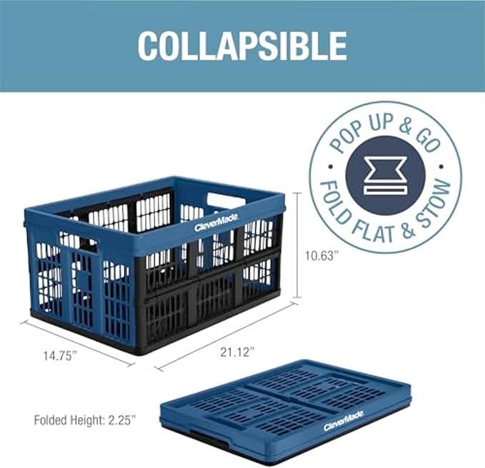CleverMade Collapsible Utility Crates 45L (3 Pack) – Foldable Plastic Crates with Heavy Duty 66 lb Capacity, Collapsible Crat