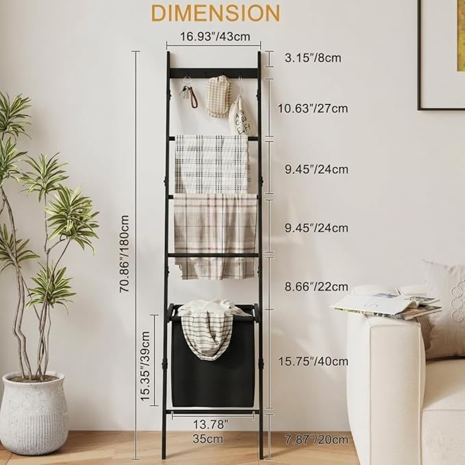 BAMBANG Bamboo Blanket Ladder with Basket, 5-Tier Quilt Rack Stand with 4 Hooks & Storage Hamper for Living Room Bathroom, Wa