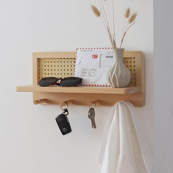 FRIADE PE Rattan Coat Rack Shelf Wall Mounted with 4 Hooks, Decorative Coat Hook Rack with Floating Shelf for Entryway, Nurse