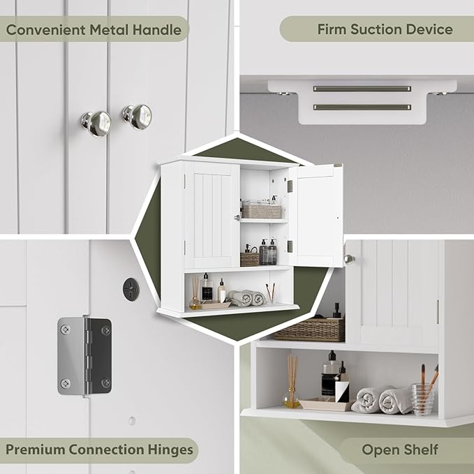 Smuxee White Bathroom Cabinet Wall Mounted, Small Bathroom Medicine Cabinet with 2 Door Adjustable Shelves, Bathroom Wall Cab