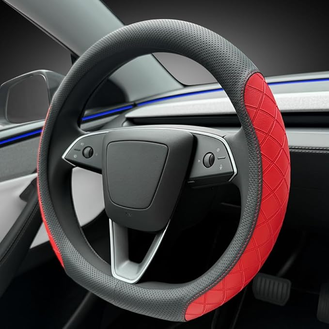 LKWLIKEI Leather Steering Wheel Cover. Elegant Diamond Checkered Design, Non-Slip and Breathable, for Tesla Model 3/Y Steerin