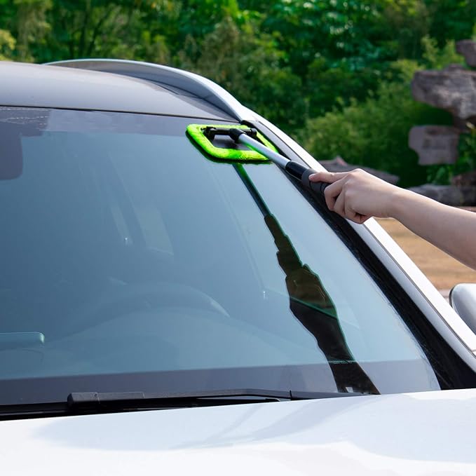 XINDELL Windshield Cleaning Tool for Car – Extendable Handle Window Cleaner with Reusable Microfiber Pads, Streak-Free Interi