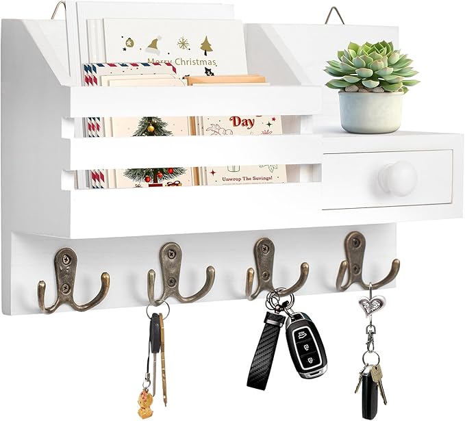 Key Holder Wall Mount, Wooden Adhesive Mail and Key Organizer with Drawer, Small Shelf, 8 Hooks, 2 Installation Methods, Whit