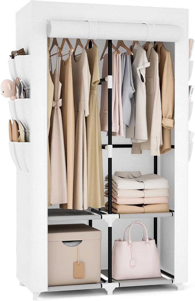 VTRIN Portable Closet Wardrobe Closet for Hanging Clothes with 4 Storage Shelves, 2 Hanging Rods and 6 Pockets, Stable and Ea
