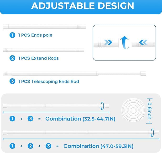 2PCS Tension Curtain Rod 33 to 59 Inch,White Short Curtain Rods No Drilling,Loaded Expandable Spring Curtain Rods for Windows