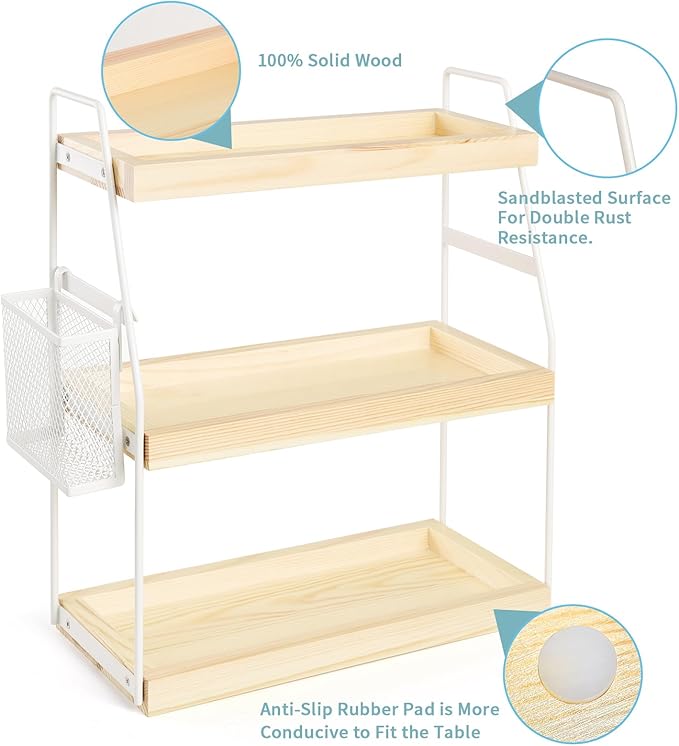 Uneviesyka Bathroom Counter Organizer, 3-Tier Standing Storage Shelf with Basket, Wood Tray for Skincare Vanity Organizer(Whi