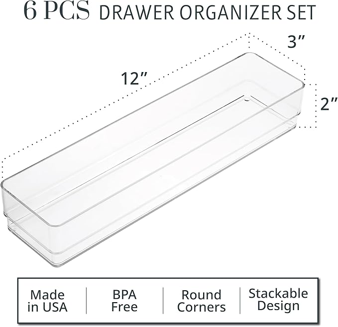 STORi SimpleSort 6-Piece Stackable Clear Drawer Organizer Set | 12" x 3" x 2" Rectangle Trays | Narrow Makeup Vanity Storage 